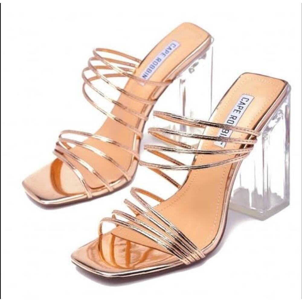 CAPE ROBBIN ROSE GOLD CLEAR STRAPPY CHUNKY HIGH HEELS 10